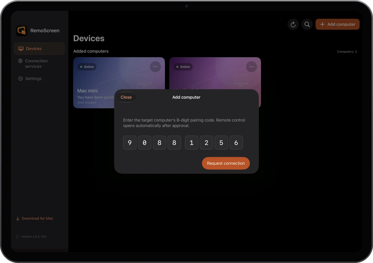 Adding a computer on the iPad by entering the 8-digit pairing code