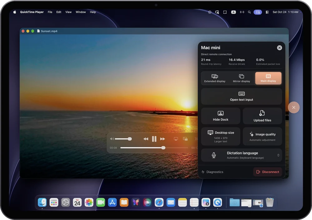 Playing a video from the Mac on iPad, next to the RoveScreen menu
