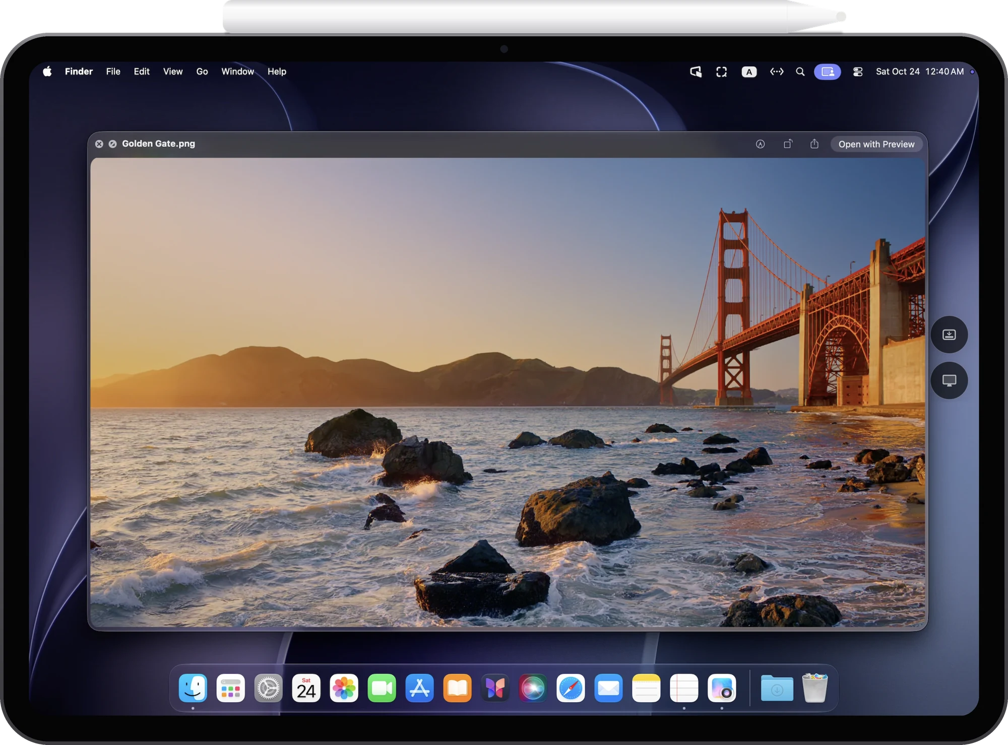 A photo of the Golden Gate Bridge opened in the Mac's Preview on iPad Pro