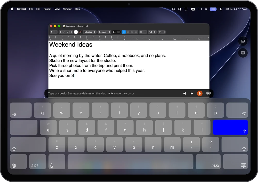 Typing into a document on the Mac with the iPad keyboard