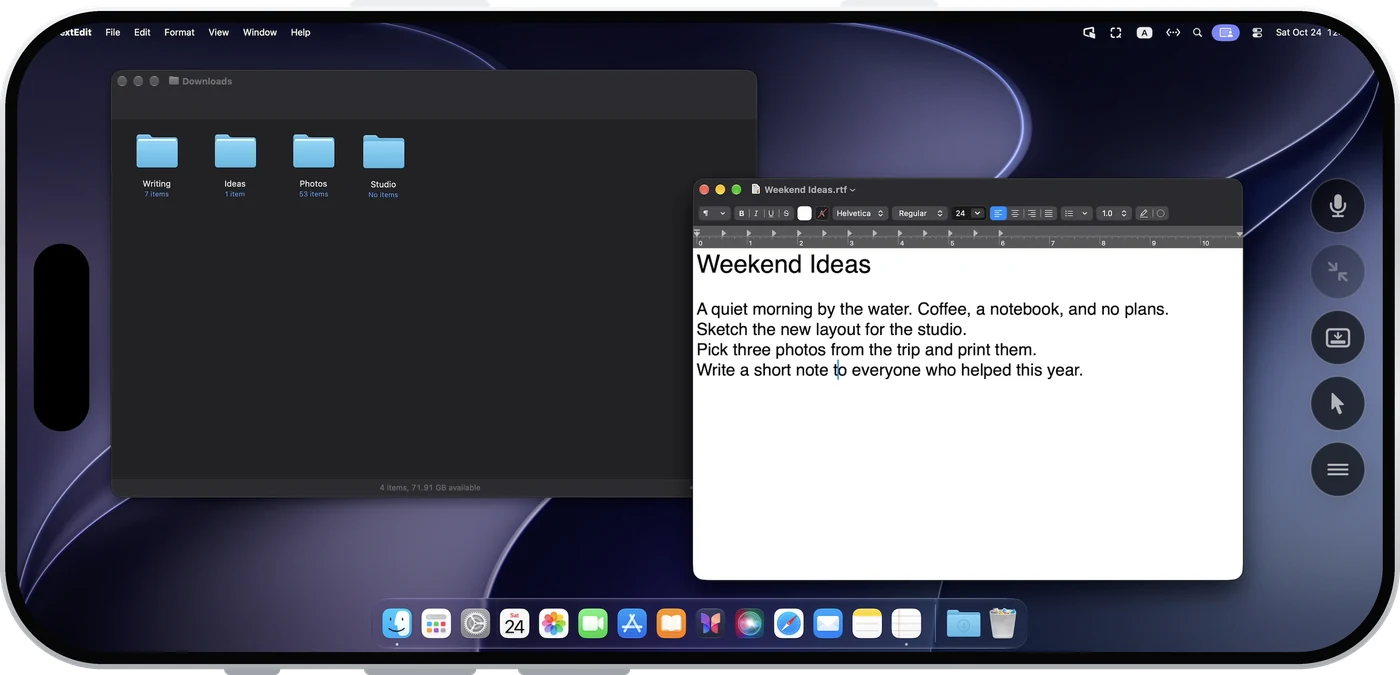 iPhone in landscape showing the same Mac's desktop