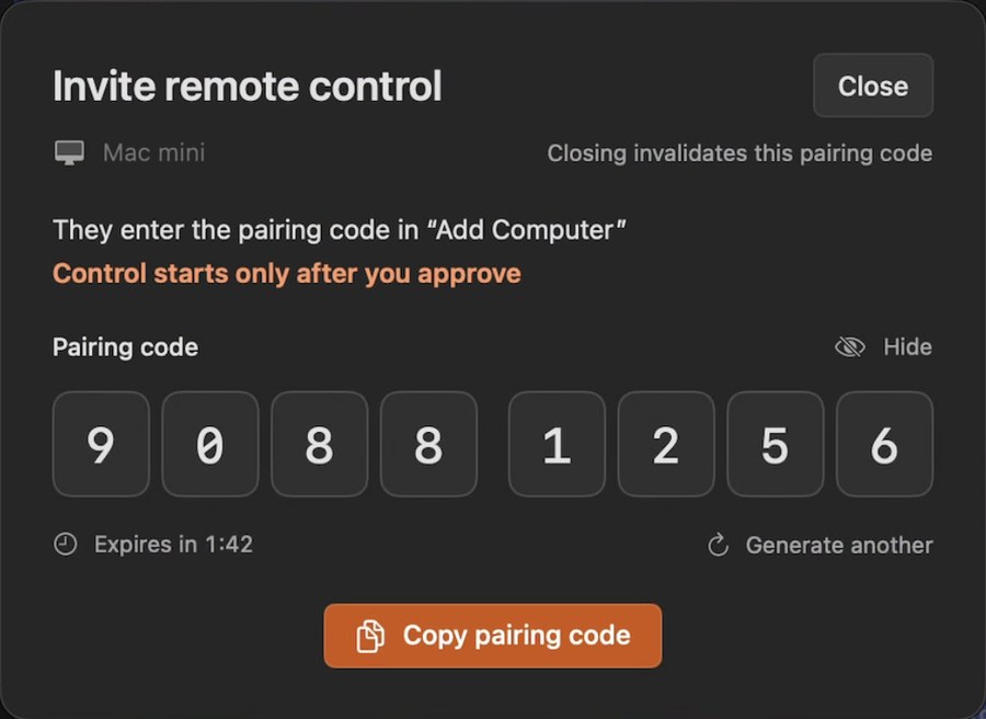 The “Invite remote control” window on the Mac, showing the pairing code